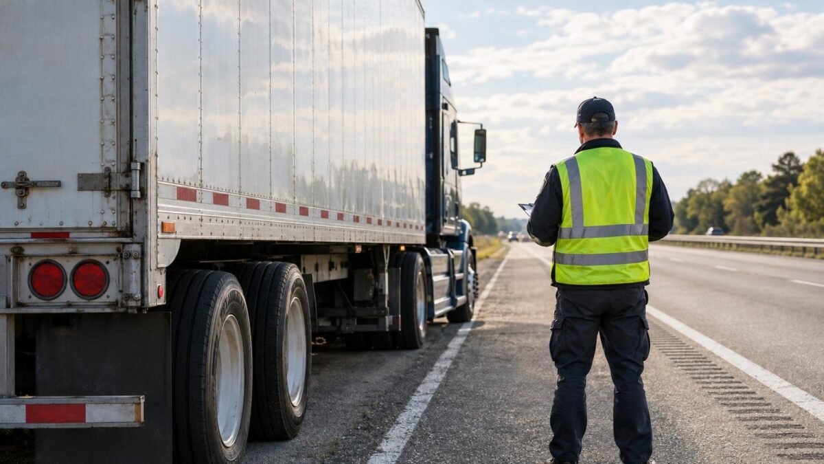 A parked semi-trailer truck on a highway shoulder with road markings and an investigator viewed from behind, no victims or st