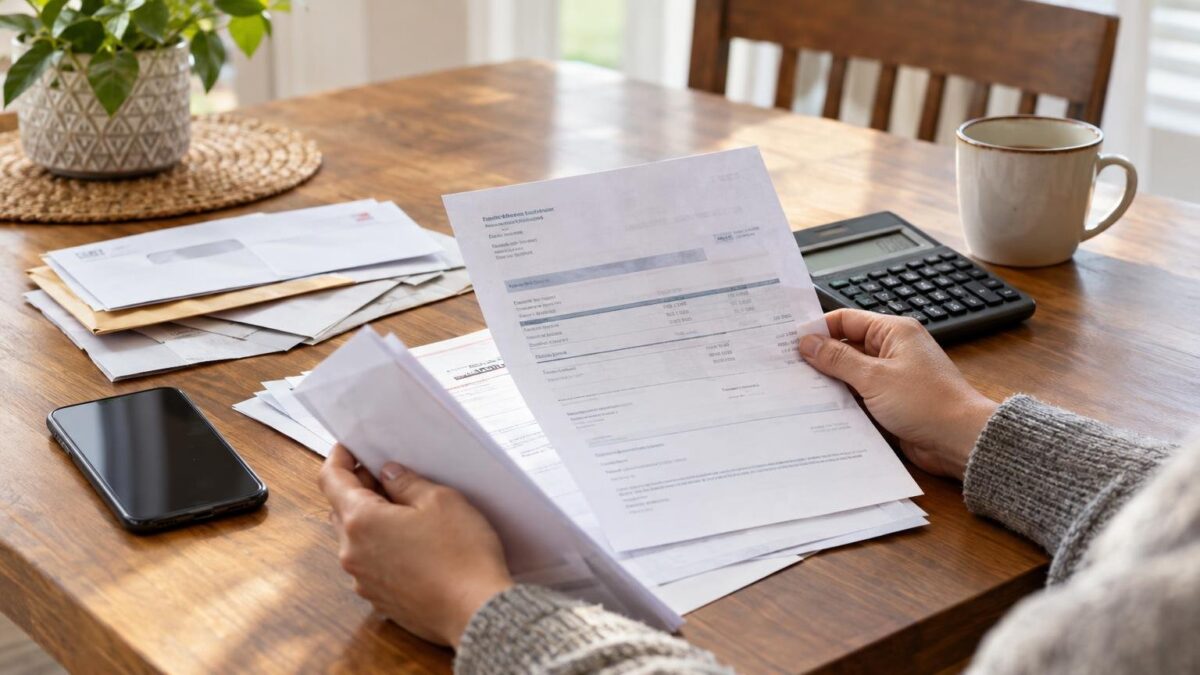 A household table with a phone, envelopes and calculator, a person reviewing bills with only hands visible