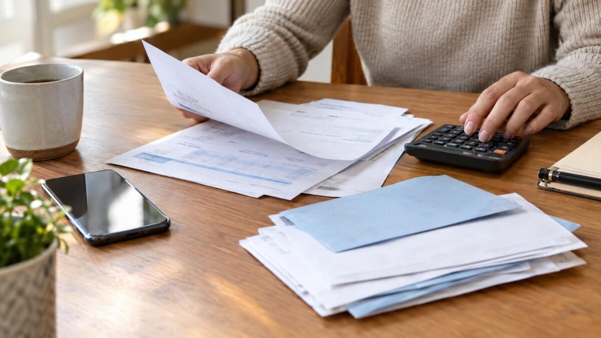 A household table with a phone, envelopes and calculator, a person reviewing bills with only hands visible