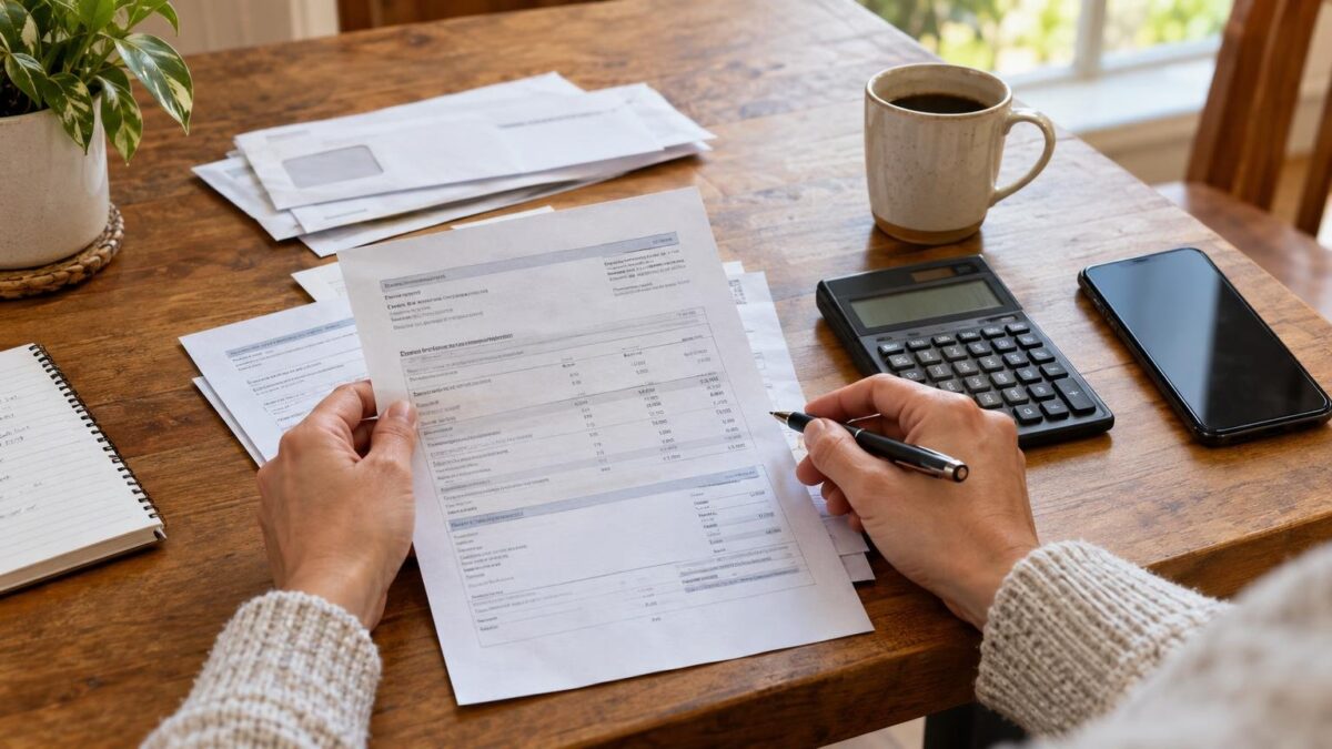 A household table with a phone, envelopes and calculator, a person reviewing bills with only hands visible