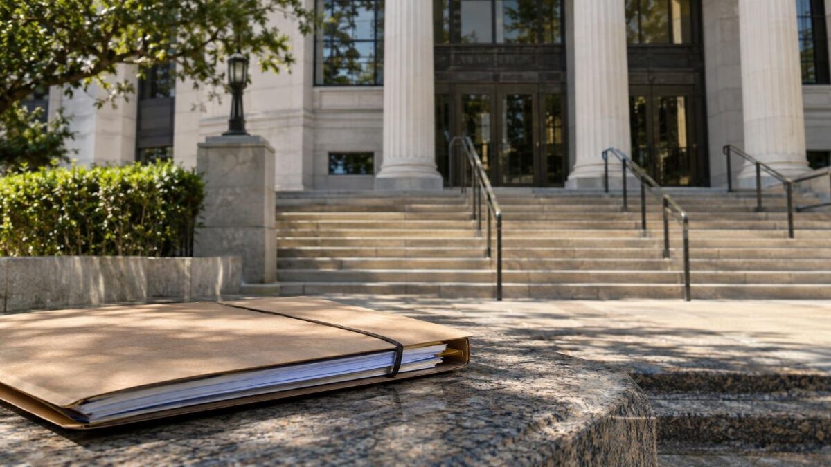 An empty courthouse exterior with steps and a closed case folder in the foreground, no identifiable people or reenactment