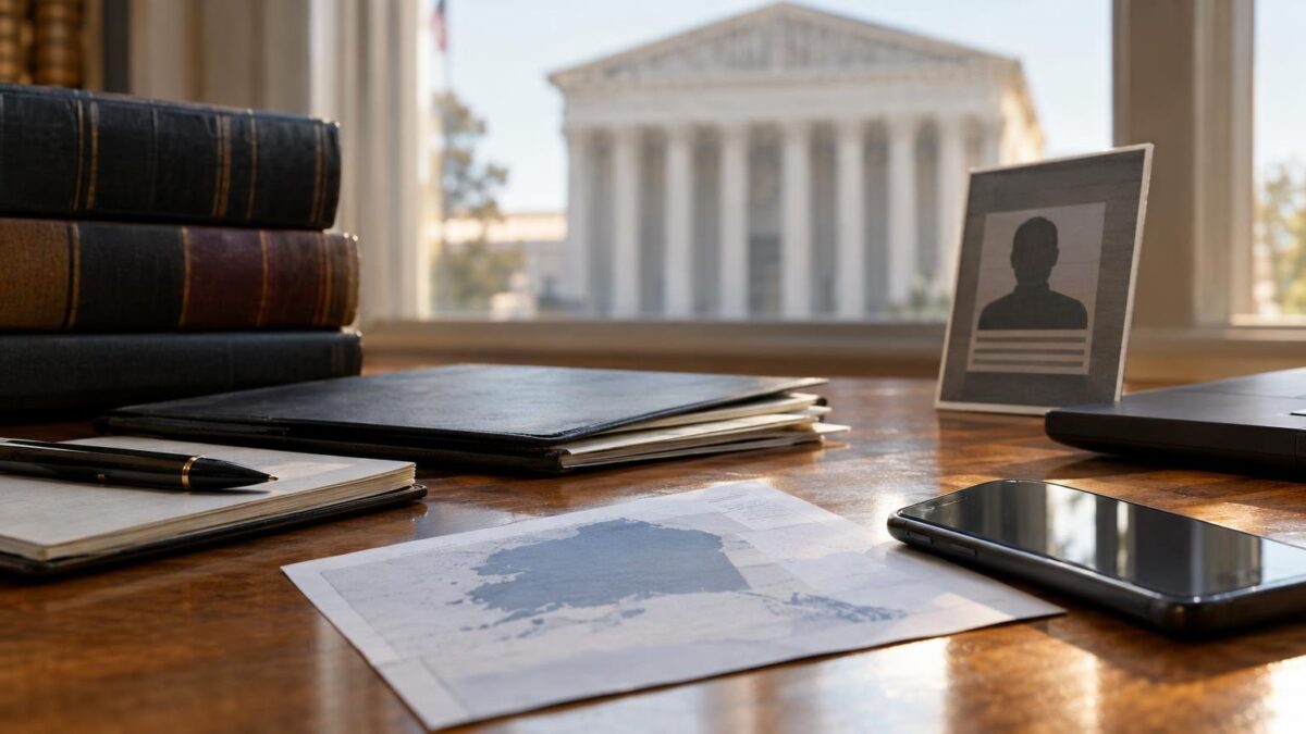 A quiet editorial still life of objects directly related to smith v. doe