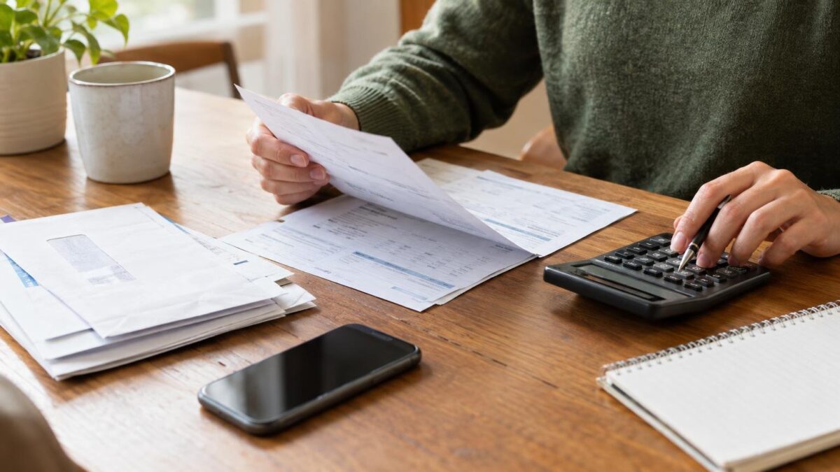 A household table with a phone, envelopes and calculator, a person reviewing bills with only hands visible